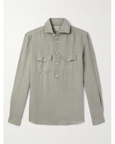 Brunello Cucinelli Cutaway-collar Linen And Cotton-blend Half-placket Shirt - Grey