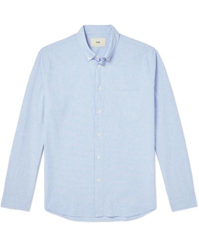 Folk Button-down Collar Cotton And Linen-blend Shirt - Blue