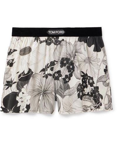 Tom Ford Floral-print Velvet-trimmed Stretch-silk Satin Boxer Shorts - Black