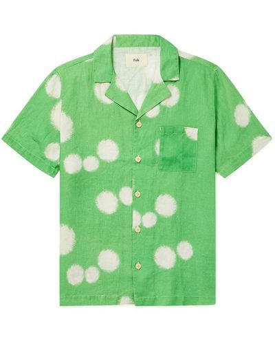 Folk Camp-collar Printed Linen Shirt - Green