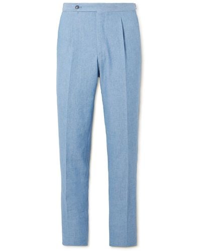 De Petrillo Straight-leg Pleated Cotton-chambray Pants - Blue
