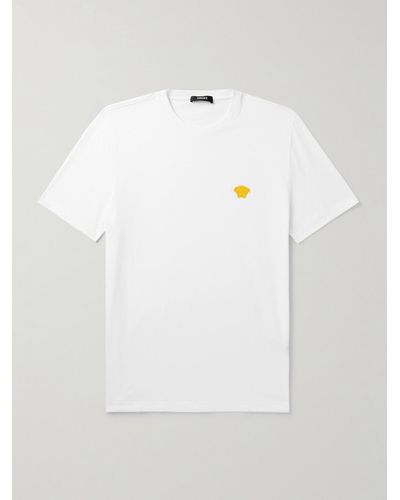 Versace Schmal geschnittenes T-Shirt aus Baumwoll-Jersey mit Logostickerei - Weiß
