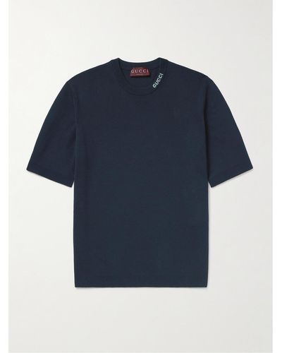 Gucci T-shirt in misto seta e cotone con logo a intarsio - Blu