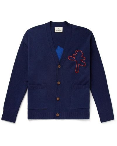 Folk Embroidered Intarsia Wool-blend Cardigan - Blue