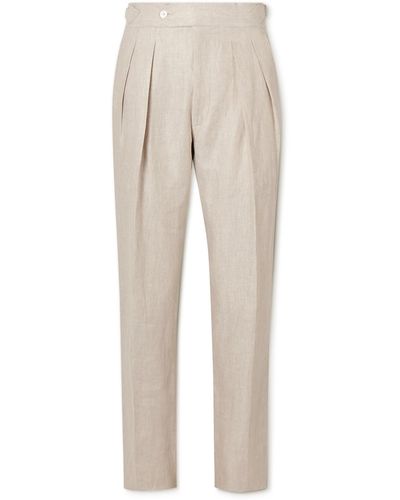 Richard James Tapered Pleated Striped Linen-twill Pants - Natural