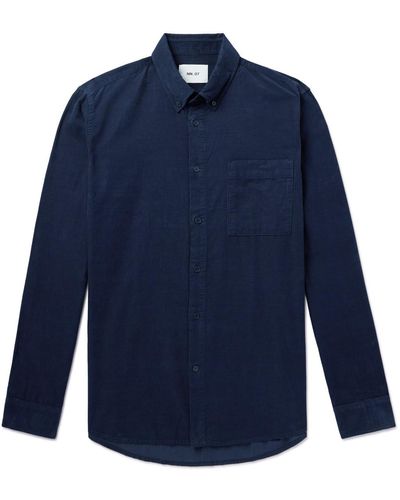 NN07 Arne 5082 Button-down Collar Organic Cotton-corduroy Shirt - Blue