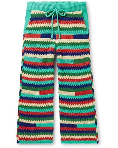 The Elder Statesman Straight-leg Striped Crochet-knit Cashmere Drawstring Pants - Blue