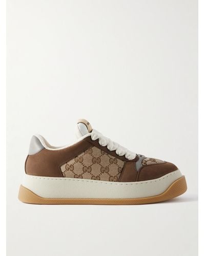 Gucci Double Screener Woven And Suede Low-top Trainers - Brown