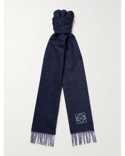 Loewe Fringed Logo-embroidered Two-tone Wool And Cashmere-blend Scarf - Blue