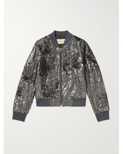 Dries Van Noten Embellished Sequinned Cotton Bomber Jacket - Grey