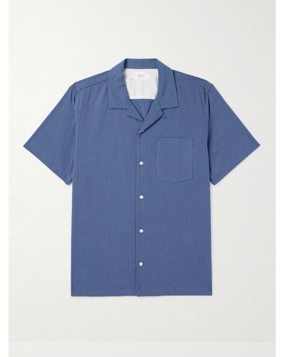 MR P. Camp-collar Striped Organic Cotton Shirt - Blue
