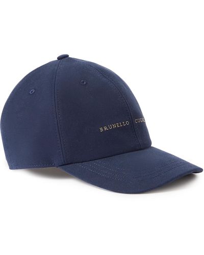 Brunello Cucinelli Logo-embroidered Leather-trimmed Cotton-twill Baseball Cap - Blue