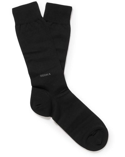 Zegna Logo-embroidered Cotton-blend Socks - Black