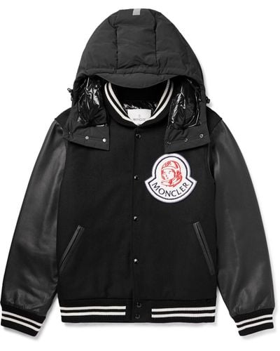 Moncler Genius Billionare Boys Club Leather-trimmed Logo-appliquéd Embroidered Wool-blend Hooded Bomber Jacket - Black