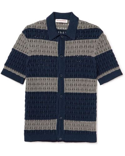 Orlebar Brown Fabien Striped Crocheted Cotton And Linen-blend Shirt - Blue