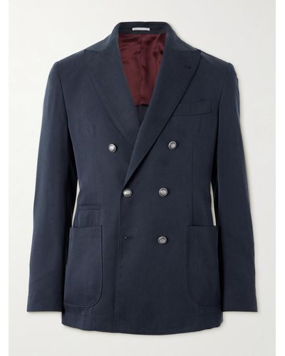 Brunello Cucinelli Double-breasted Silk Suit Jacket - Blue