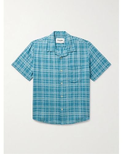 Corridor NYC Camp-collar Checked Cotton And Linen-blend Shirt - Blue