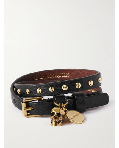 Alexander McQueen Full-grain Leather And Gold-tone Wrap Bracelet - Black