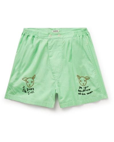 Bode See You At The Barn Straight-leg Bead-embellished Checked Cotton Shorts - Green