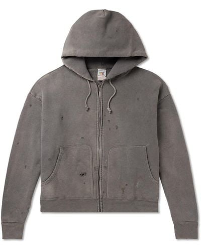 SAINT Mxxxxxx Distressed Cotton-jersey Zip-up Hoodie - Gray