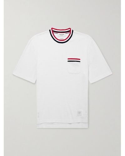 Thom Browne Logo-appliquéd Striped Pointelle-knit Cotton T-shirt - White