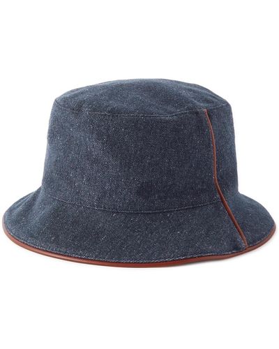 Loro Piana Leather-trimmed Logo-embroidered Denim Bucket Hat - Blue