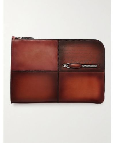 Berluti Nino Tgm Scritto Panelled Venezia Leather Pouch - Red