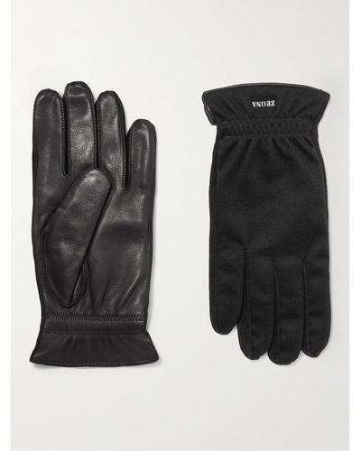 Zegna Logo-flocked Cashmere And Leather Gloves - Black