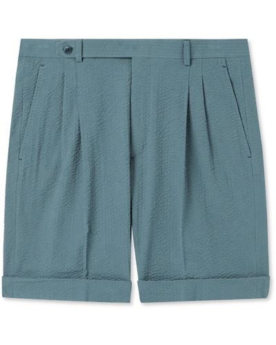 Brioni Straight-leg Pleated Cotton-seersucker Shorts - Blue