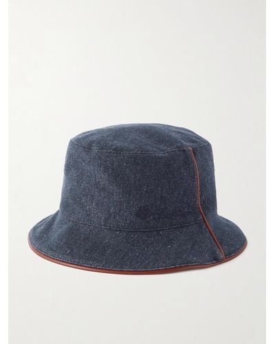 Loro Piana Leather-trimmed Logo-embroidered Denim Bucket Hat - Blue
