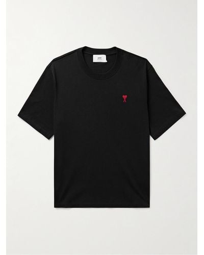 Ami Paris Logo-embroidered Organic Cotton-jersey T-shirt - Black