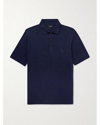 Etro Logo-embroidered Cotton And Cashmere-blend Polo Shirt - Blue