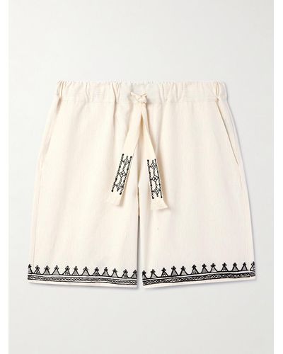 Alanui Akasha Wide-leg Embroidered Pinstriped Cotton-blend Drawstring Shorts - Natural
