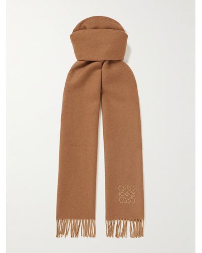 Loewe Fringed Logo-embroidered Two-tone Wool And Cashmere-blend Scarf - Natural