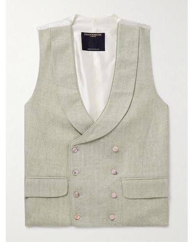 Favourbrook Shawl-collar Double-breasted Herringbone Linen And Silk-blend And Satin Waistcoat - Green