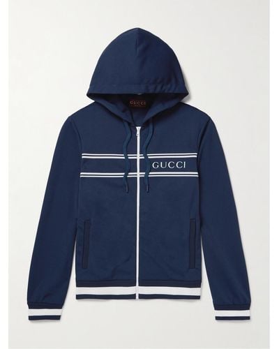 Gucci Logo-print Striped Tech-piqué Zip-up Hoodie - Blue