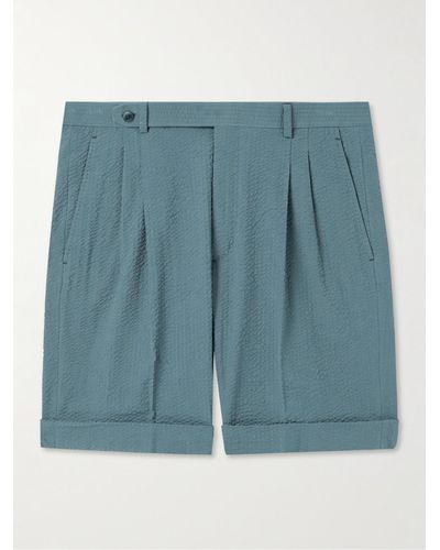 Brioni Straight-leg Pleated Cotton-seersucker Shorts - Blue