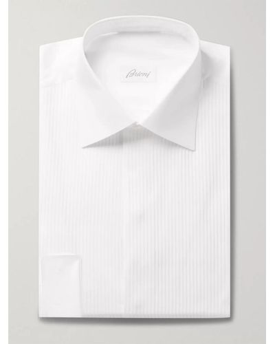 Brioni Camicia bianca slim-fit in voile di cotone con pettorina e doppio polsino - Bianco