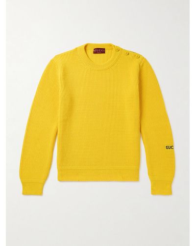 Gucci Button-embellished Logo-intarsia Ribbed Cotton-blend Jumper - Yellow