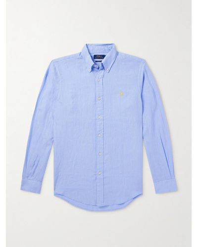 Polo Ralph Lauren Hemd aus Leinen mit Logostickerei und Button-Down-Kragen - Blau