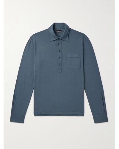 Tom Ford Cotton And Silk-blend Piqué Polo Shirt - Blue