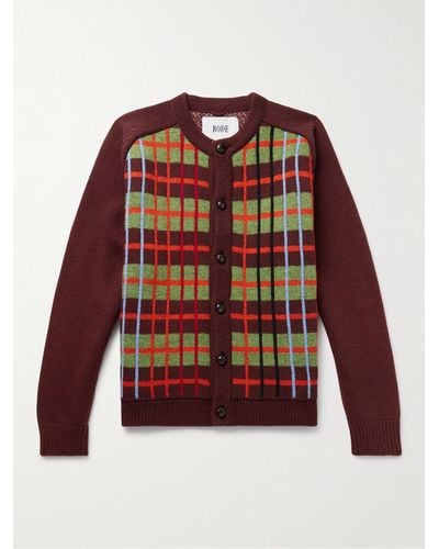 Bode Checked Jacquard-knit Merino Wool Cardigan - Red