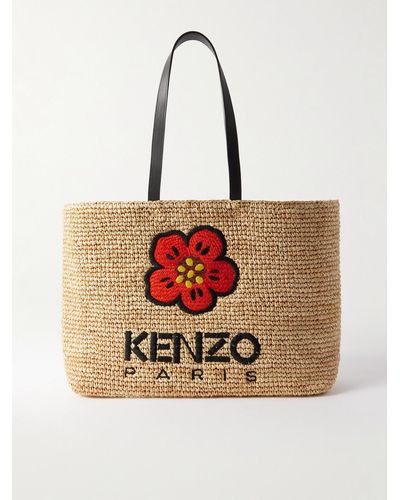 KENZO Tote bag grande in rafia ricamata con finiture in pelle - Neutro