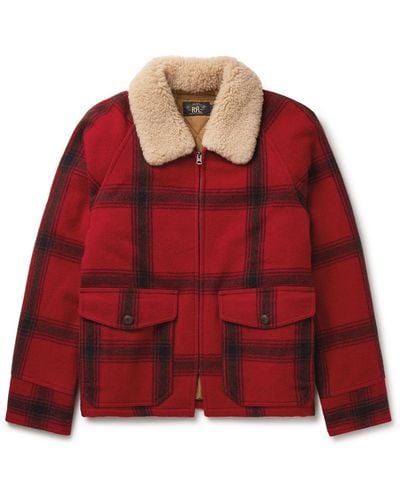 RRL Shearling-trimmed Padded Checked Wool Jacket - Red