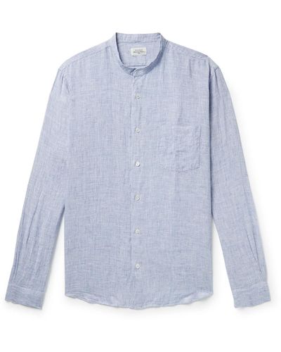 Hartford Grandad-collar Pinstriped Linen Shirt - Blue
