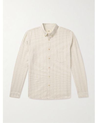 Folk Hemd aus gestreiftem Seersucker aus einer Baumwoll-Leinenmischung mit Button-Down-Kragen - Natur