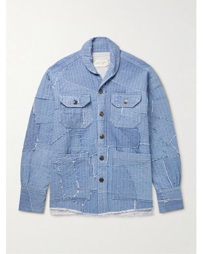 Greg Lauren Shawl-collar Distressed Embroidered Cotton-chambray Jacket - Blue