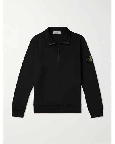 Stone Island Logo-appliquéd Garment-dyed Cotton-jersey Half-zip Sweatshirt - Black