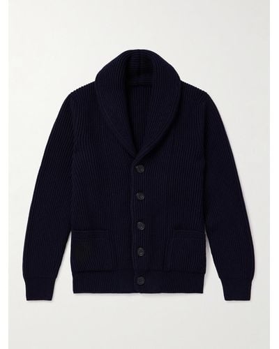 Anderson & Sheppard Shawl-collar Ribbed Wool And Cashmere-blend Cardigan - Blue