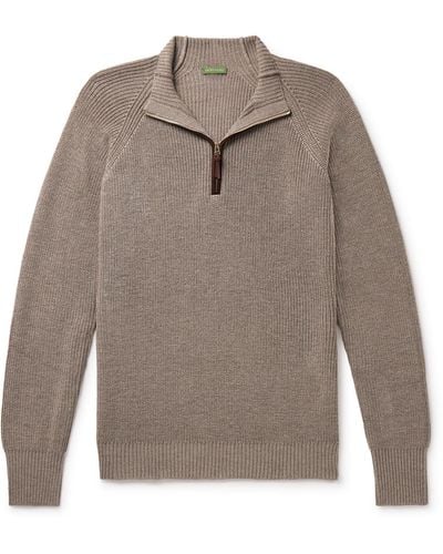 Sid Mashburn Slim-fit Suede-trimmed Merino Wool Half-zip Sweater - Gray